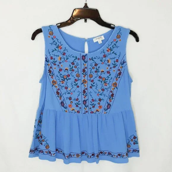 Vintage 90's Umgee Blue Floral Embroidered Flowy Peplum Sleeveless Crop Top M - Picture 6 of 13